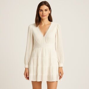 Love Colette White Babydoll Dress M V-Neck Long Sleeve Boho Mini